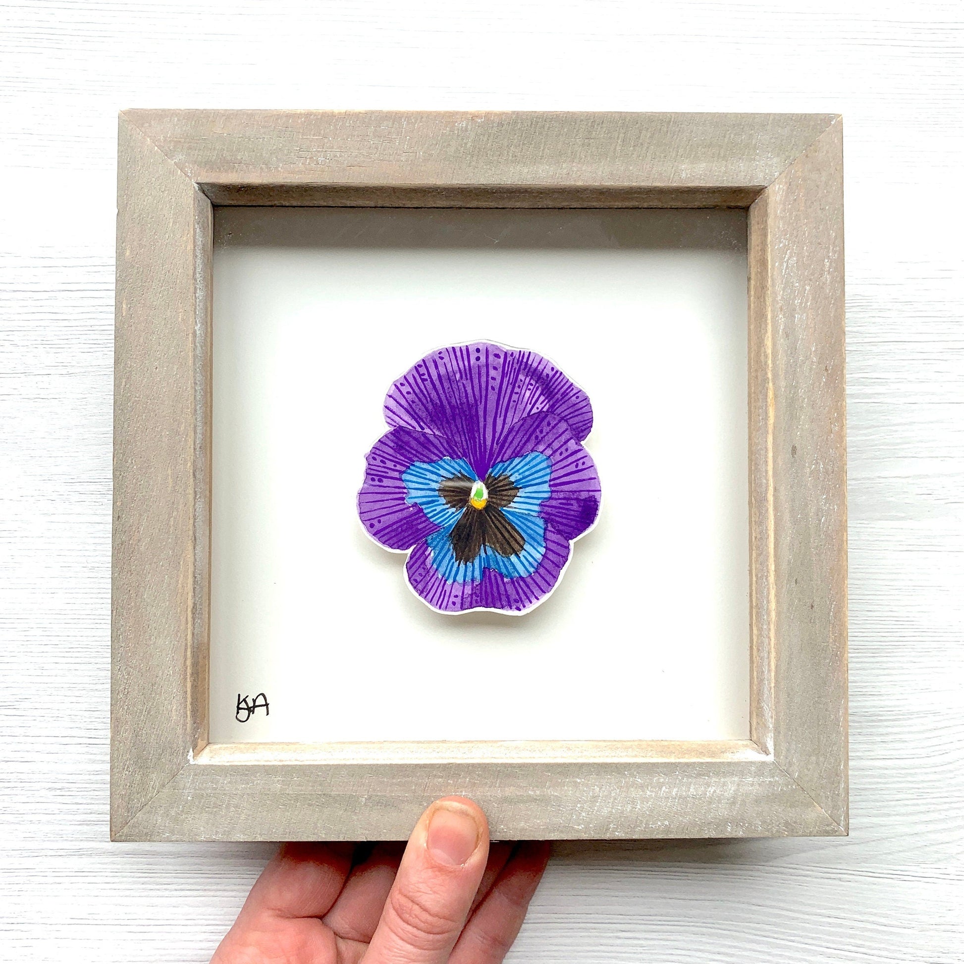 Framed artwork of a purple pansy flower held by a hand on a white background