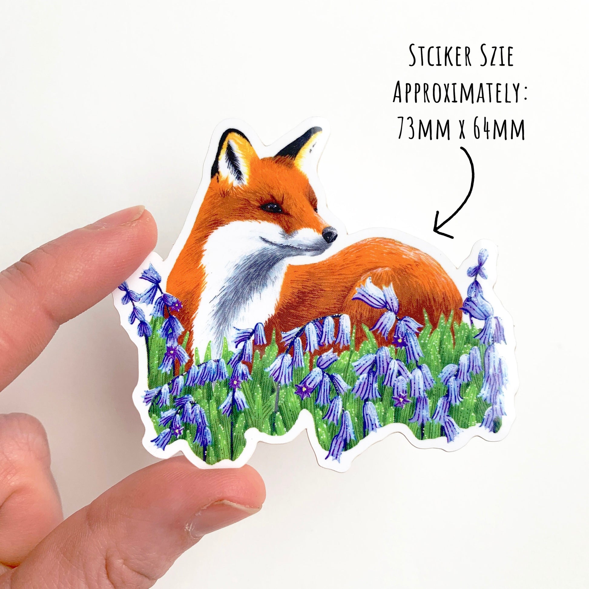 showing the size of the Red Fox and Bluebells Sticker 73m x 64mm
