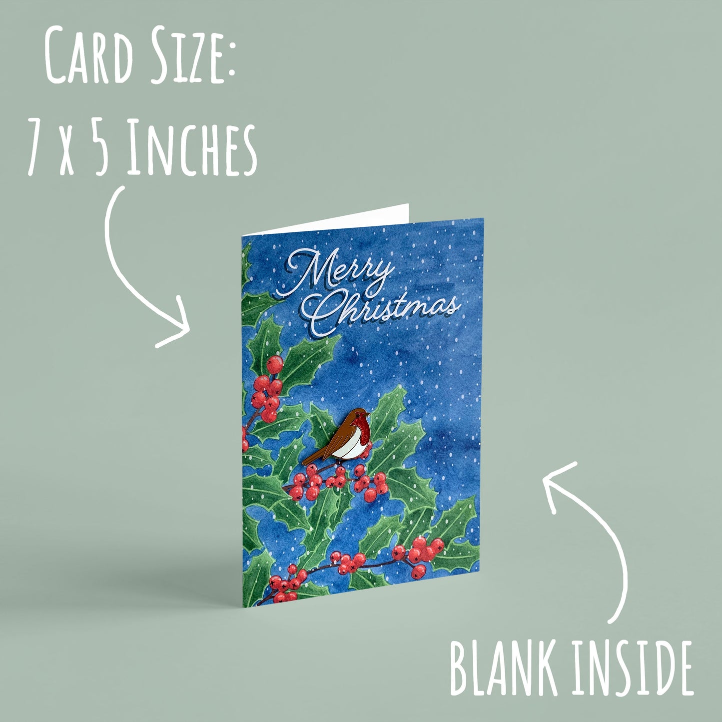 Robin Enamel Pin and Christmas Card standing with a pale green background with the text card size: 7 x 5 inches and blank inside.