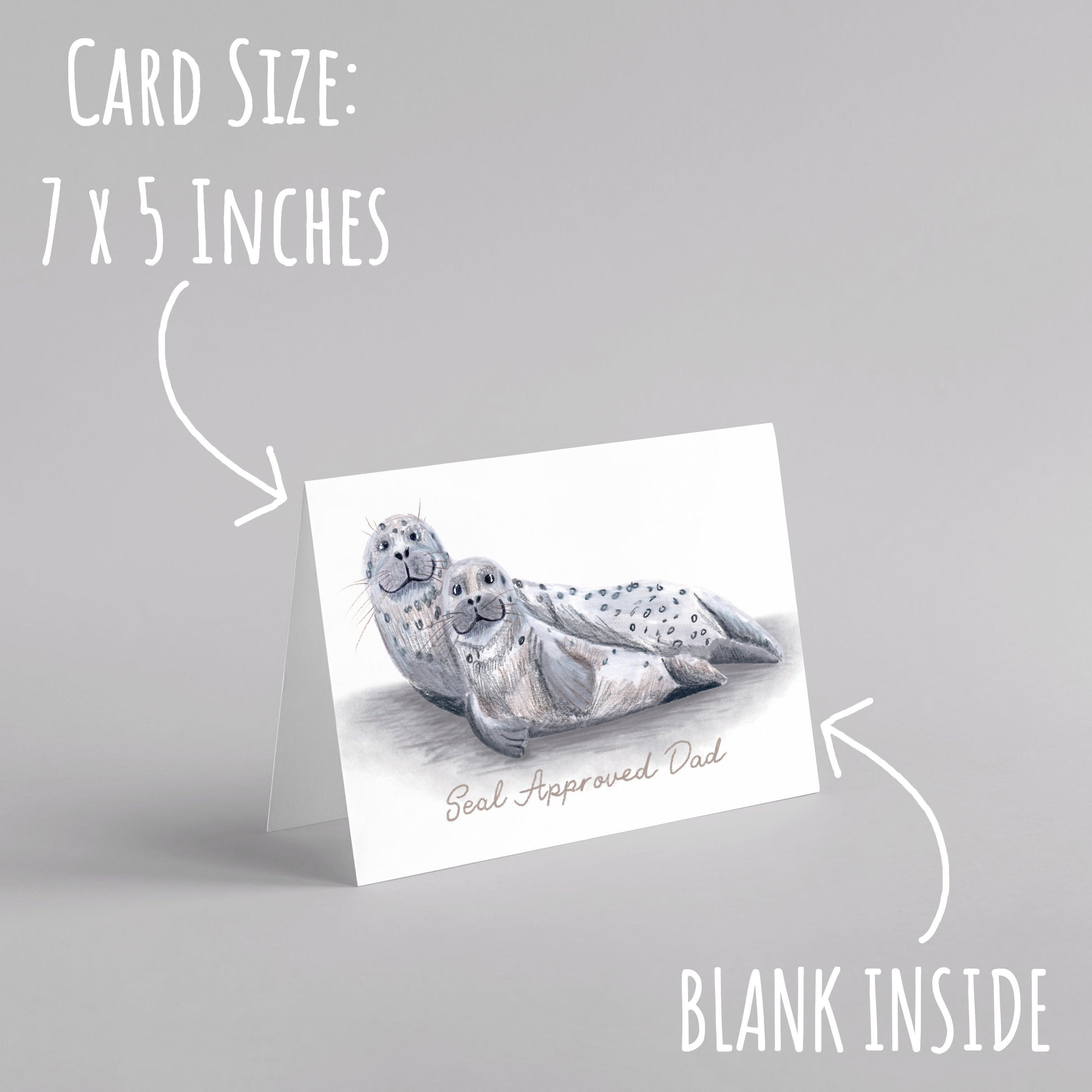 Seal Approved Dad Birthday Day Card standing with a pale grey background with the text card size: 7 x 5 inches and blank inside.
