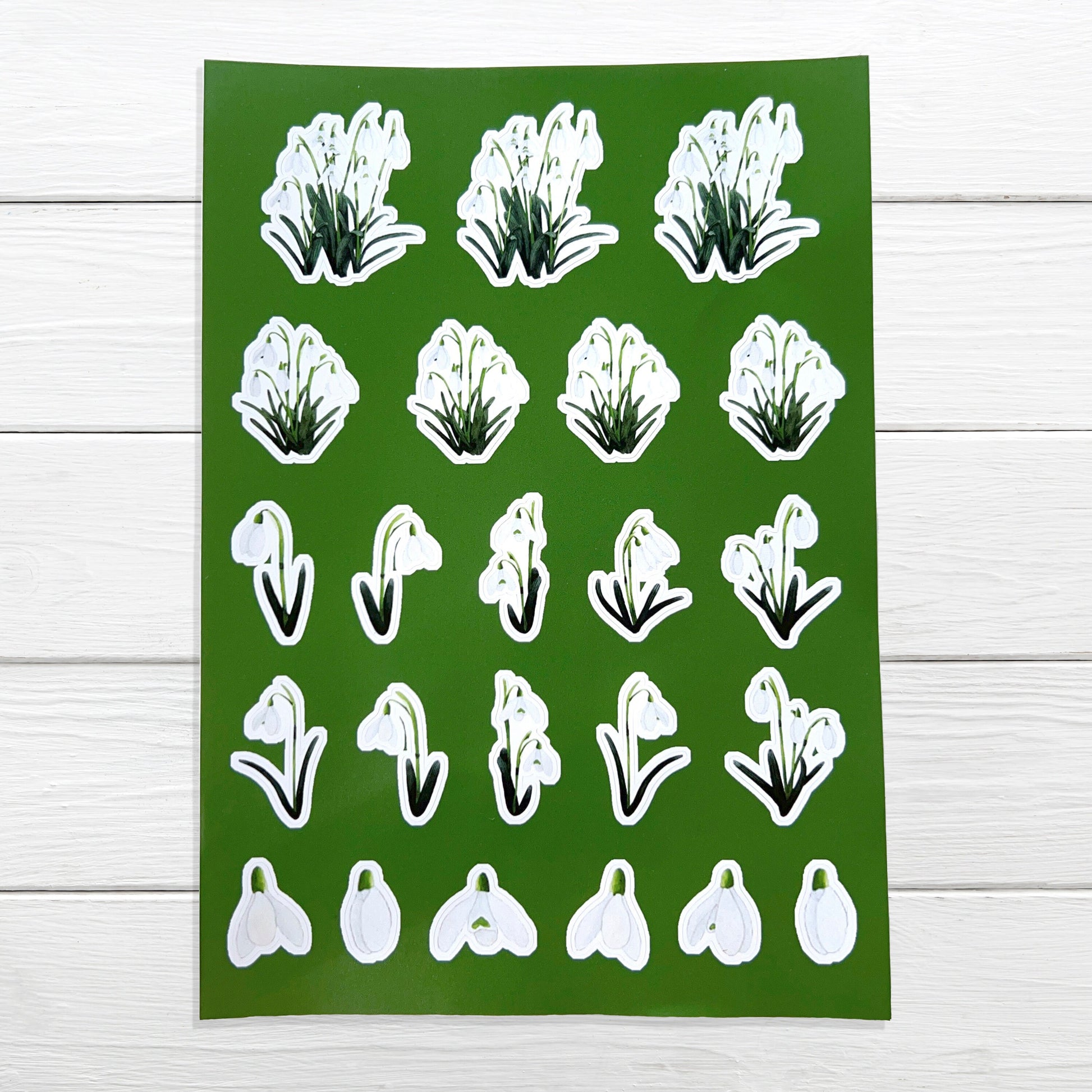 A sheet of A5 size white snowdrop flower stickers on a green background, suitable for decorating planners, diaries, and scrapbooks.