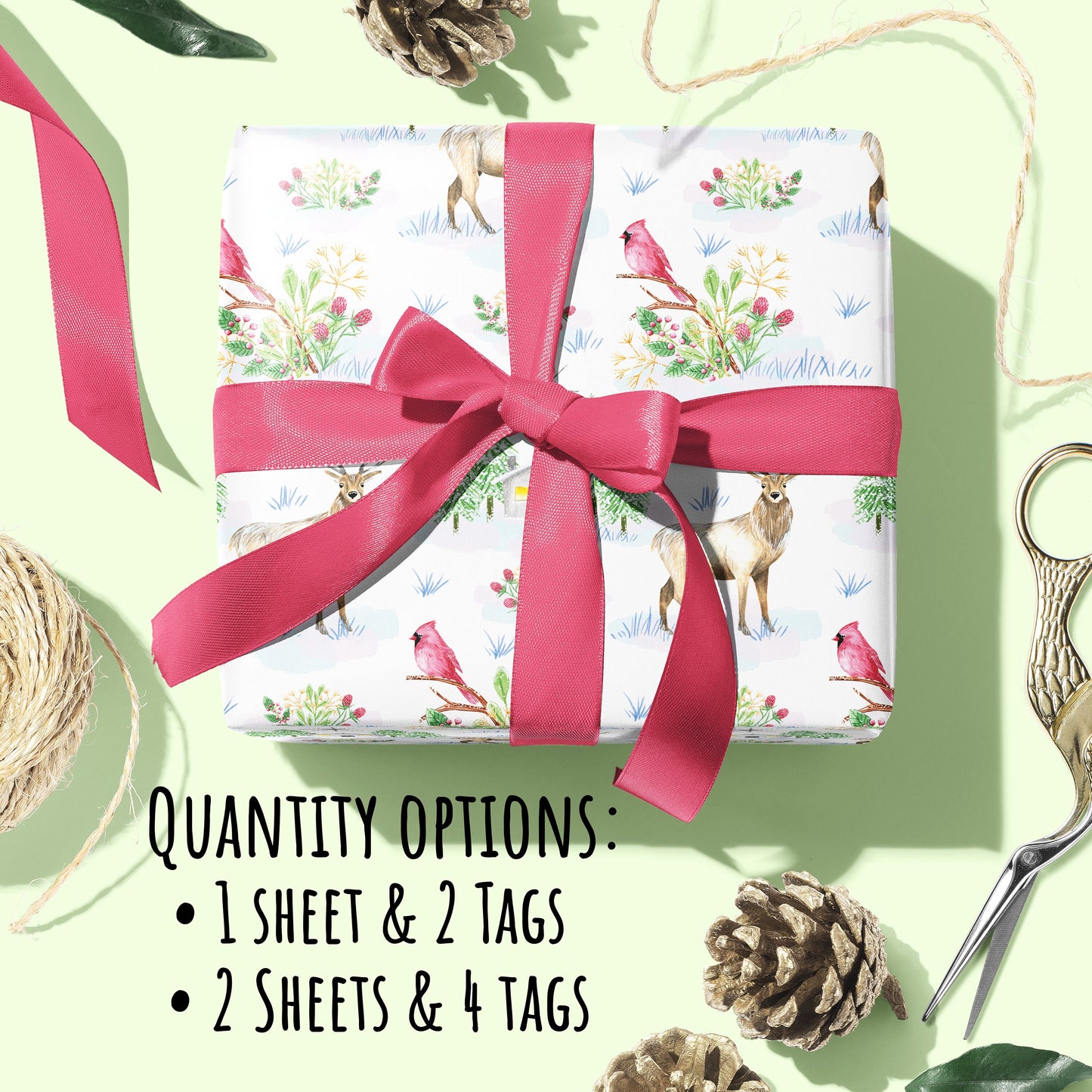 Snowy Winter Scene Wrapping Paper wrapped around a parcel with the text quantity options: 1 sheet & 2 tags, 2 sheets with 4 tags.