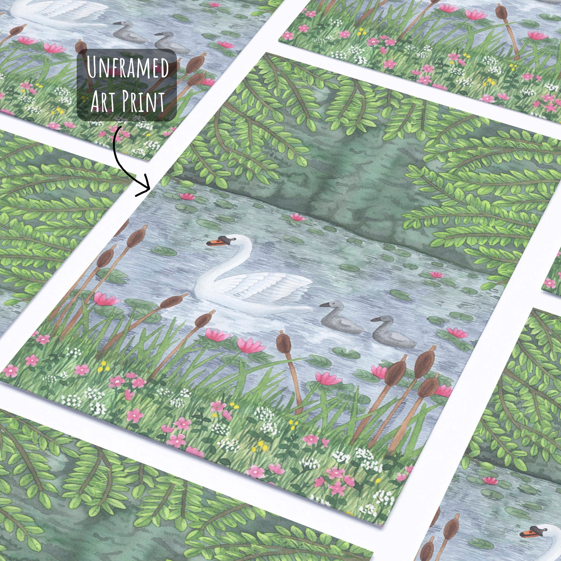 Swan and Cygnet Art Print shown unframed laying flat on a white surface.