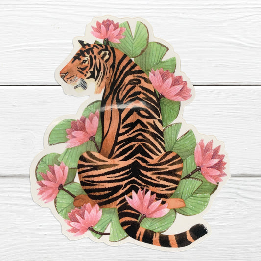 A vibrant sticker depicting a tiger with pink lilies and green lily pads in the background.