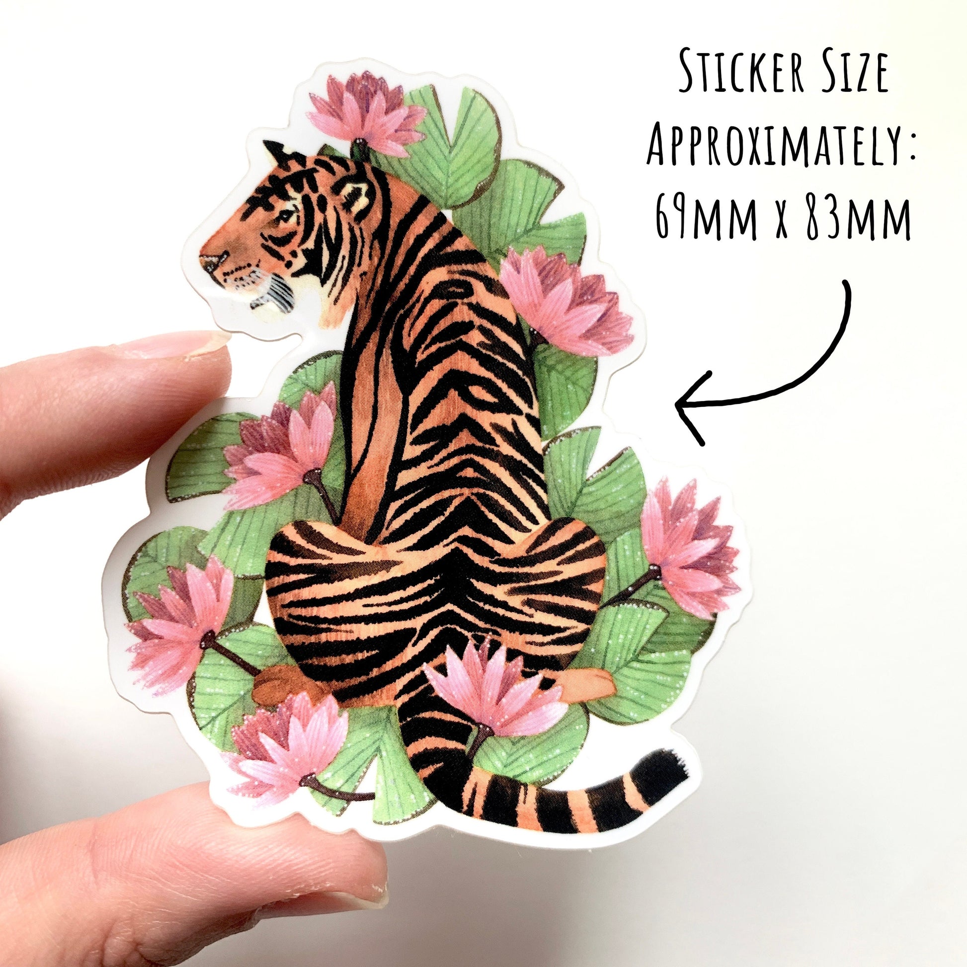 Tiger and Pink Lilies Sticker size which is approximately 69mm x 83mm.