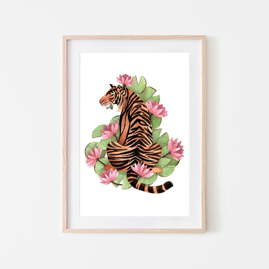 A vibrant illustration of a sitting tiger with giant water lilies in the background, framed in a wooden frame.