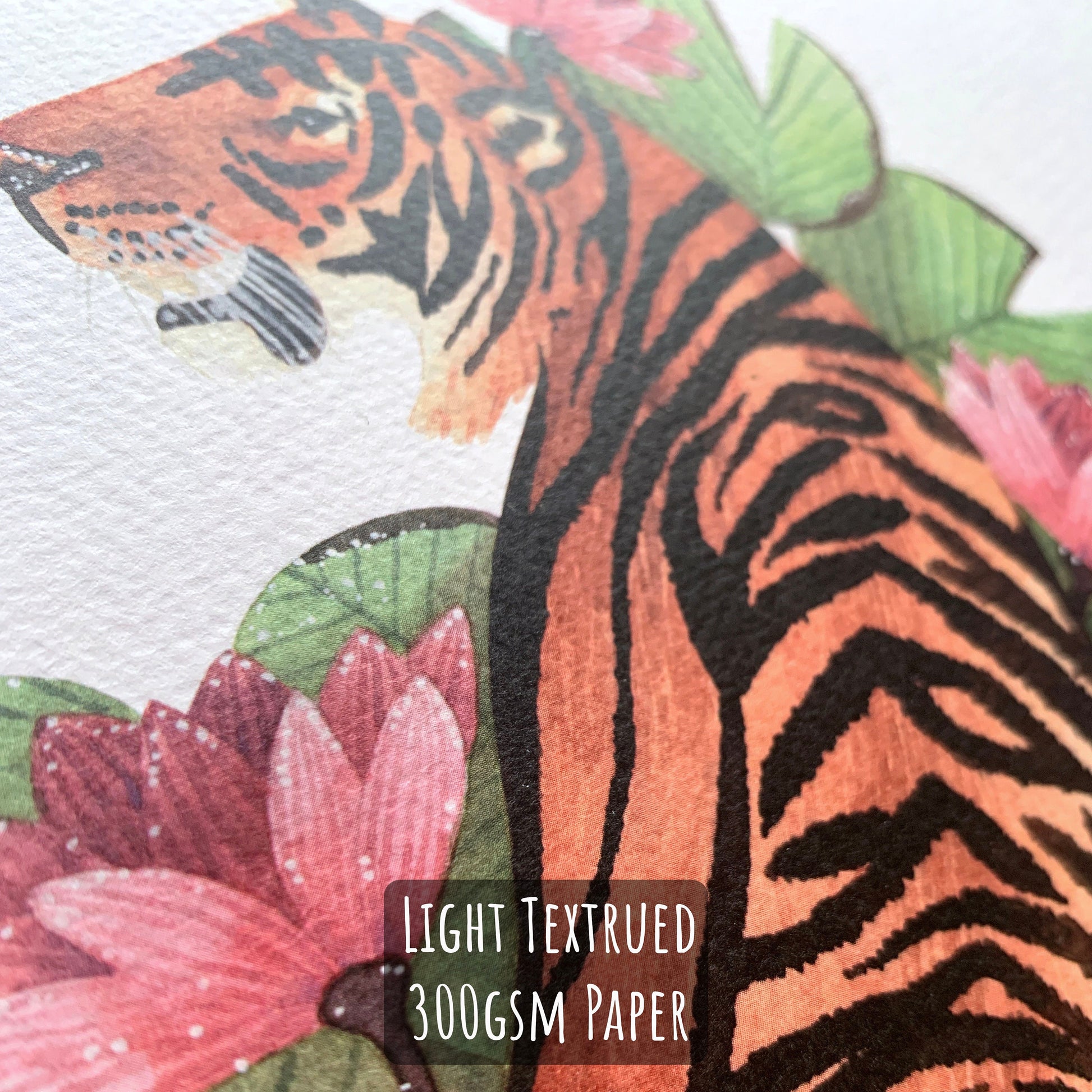 Vibrant Tiger Art Print close up showing the details and textures of the paper and illustration.
