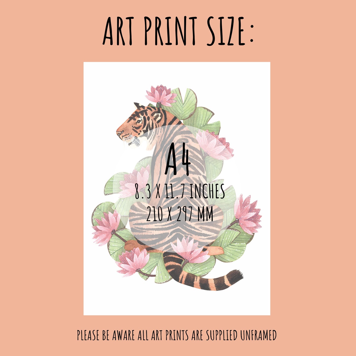 showing the size of the Vibrant Tiger Art Print. A4 (210 x 297mm)