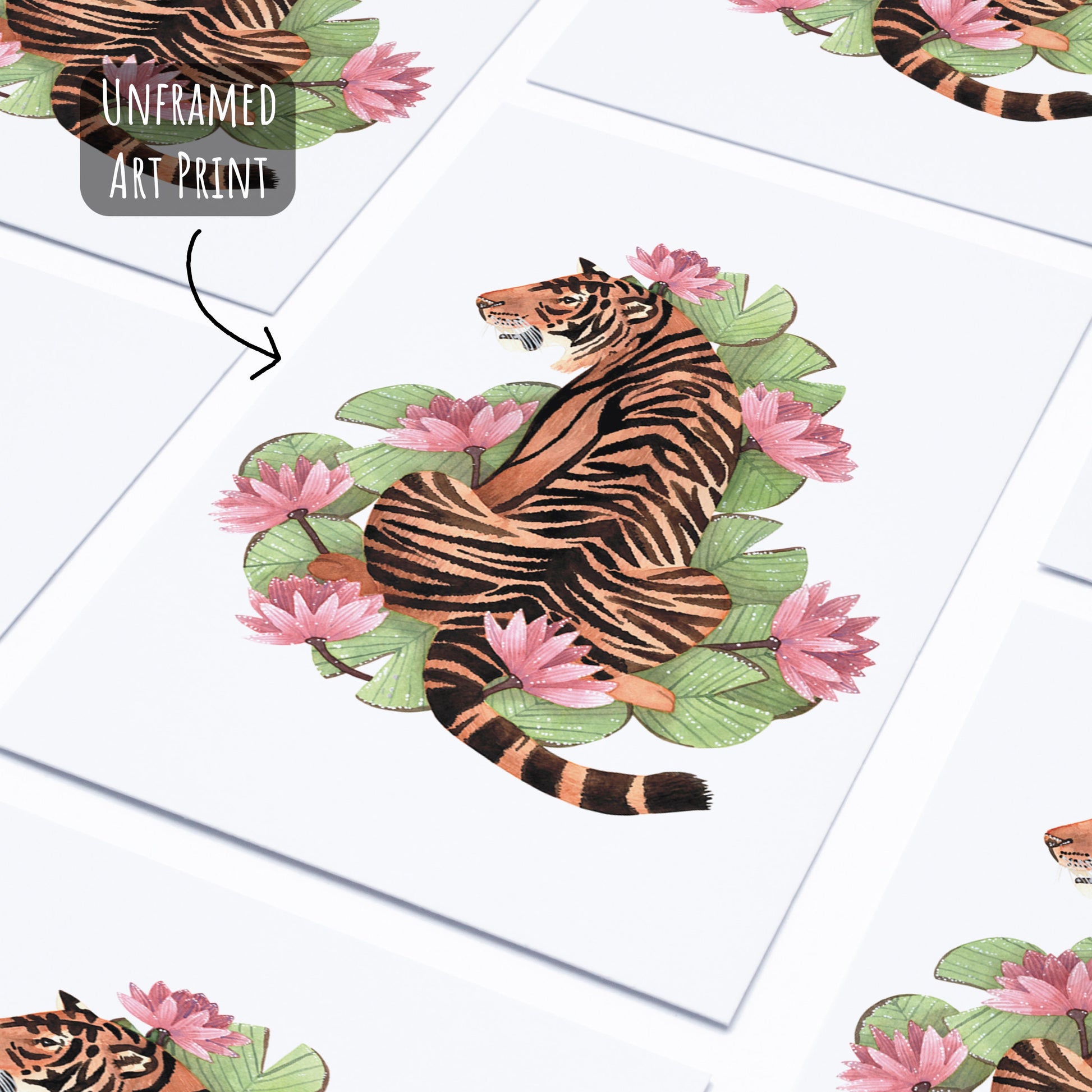Vibrant Tiger Art Print laying flat on a white surface, unframed.