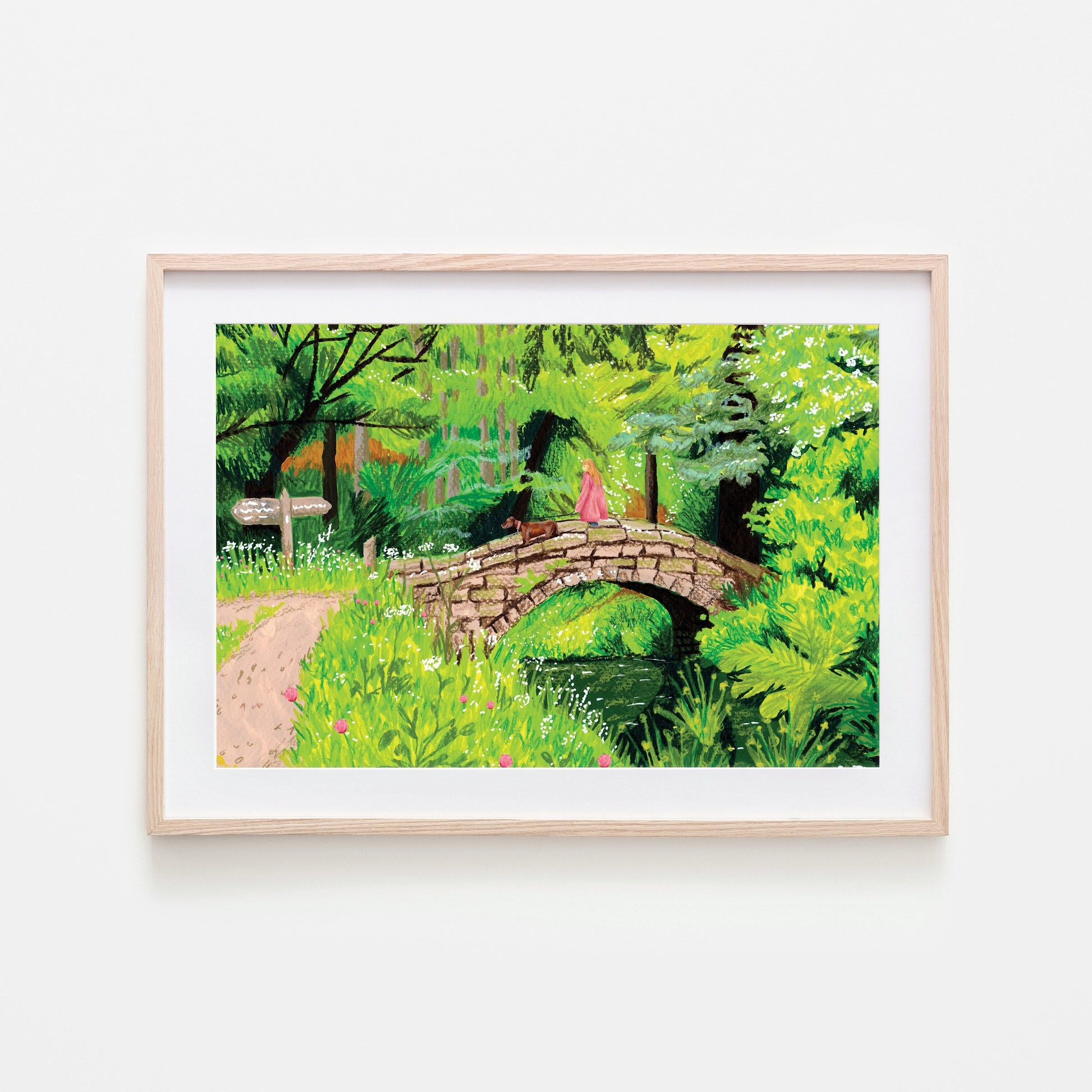A vibrant green art print of a footbridge in a woodland, with trees and foliage on high quality Tintoretto gesso paper.