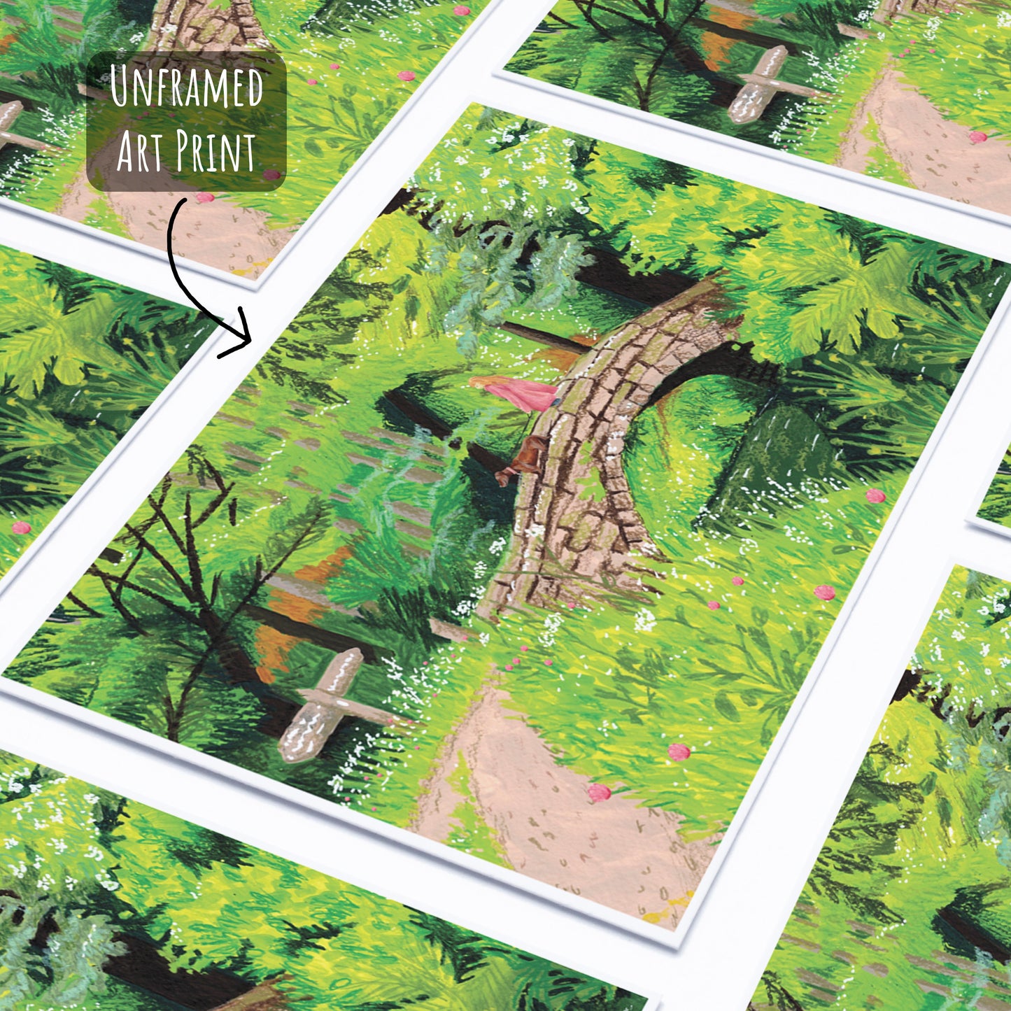Vibrant Woodland Walk Art Print laying flat on a white background.