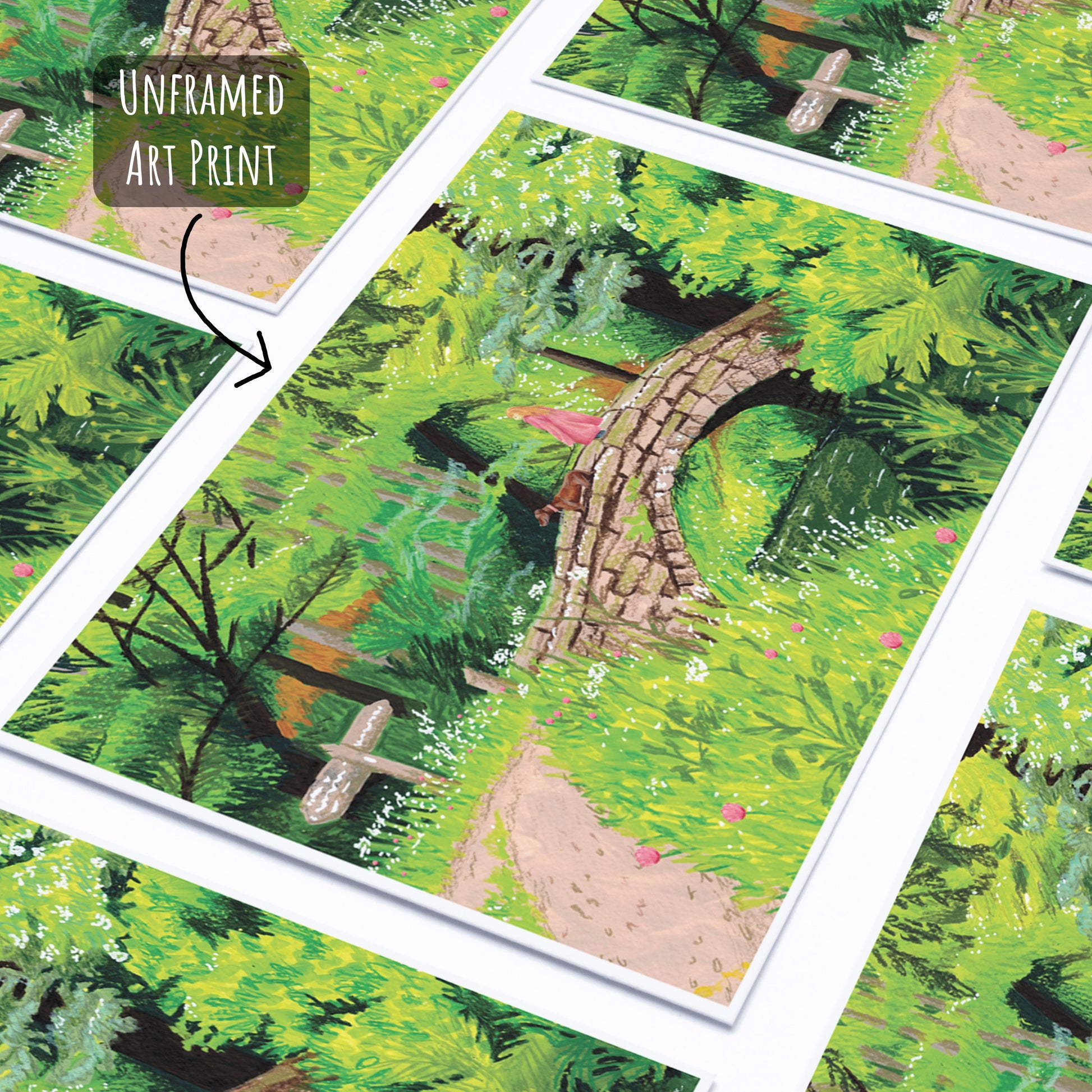 Vibrant Woodland Walk Art Print laying flat on a white background.