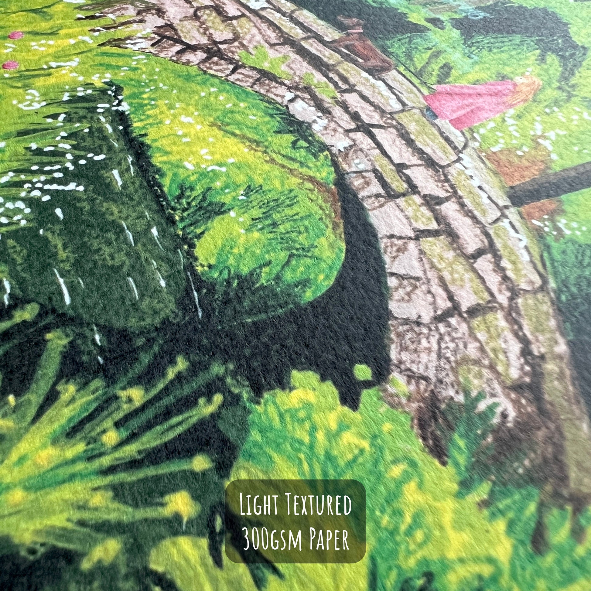 Vibrant Woodland Walk Art Print close up showing the details and textures of the illustration and paper stock.
