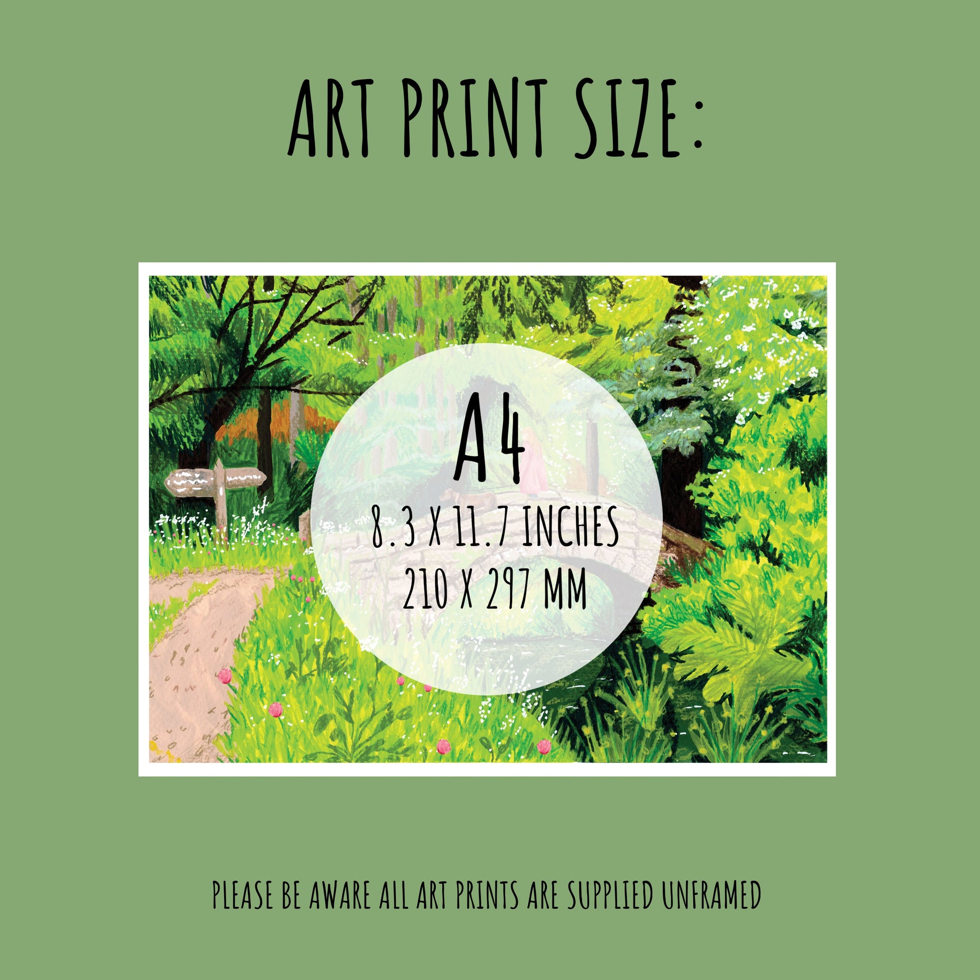 showing the size of the Vibrant Woodland Walk Art Print, which is A4 (210 x 297mm).