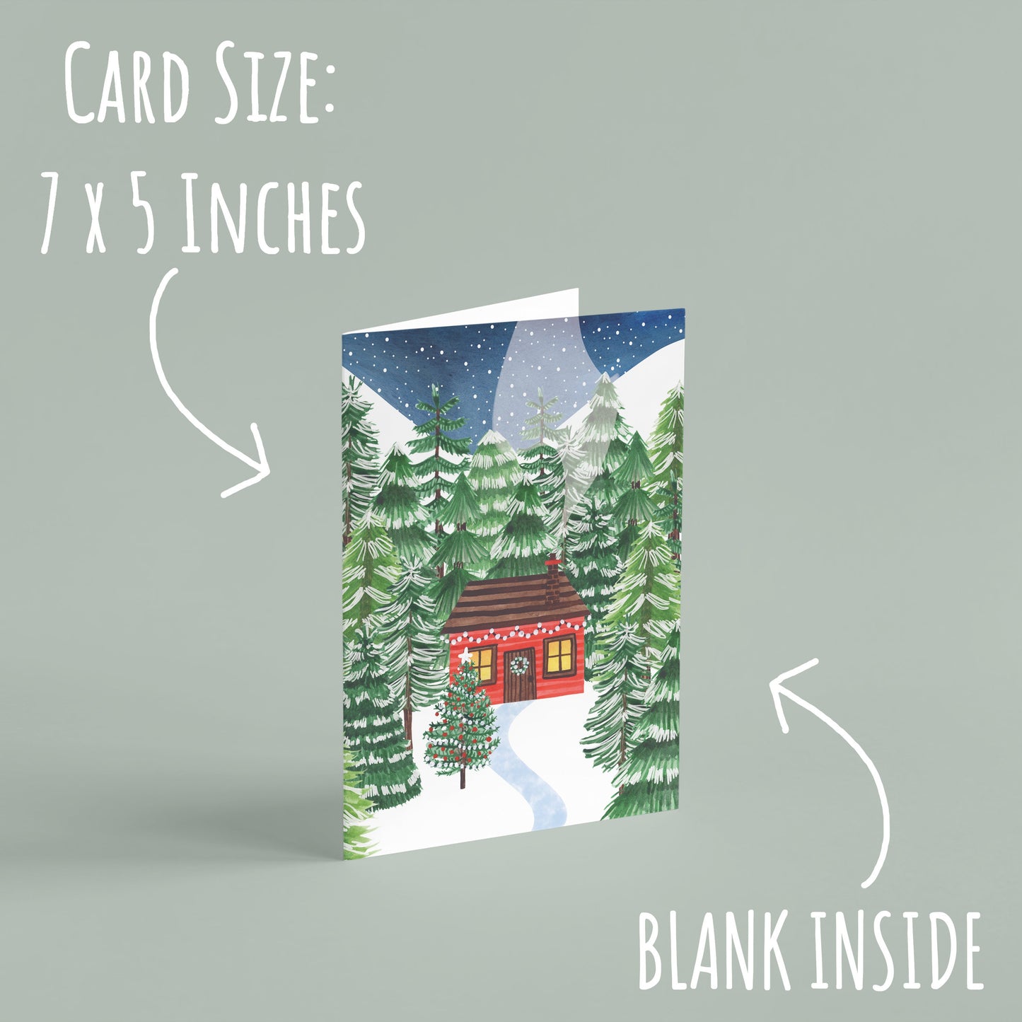 one of the Village & Lodge luxury Christmas Cards standing with a pale green background. Including the font card size: 7 x 5 inches and blank inside.