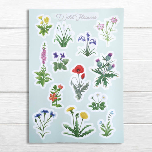 A sheet of A5 size wildflower stickers with 13 individual peel-able matte vinyl stickers, featuring various British wildflowers painted in vibrant colors.