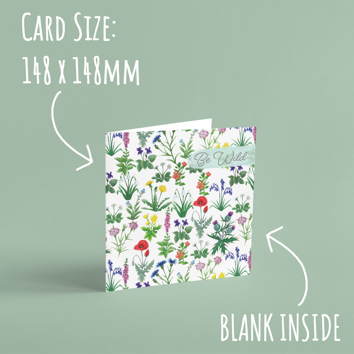 Wildflowers Birthday Card standing with a pale green background and the text card size: 148 x 148mm and blank inside.