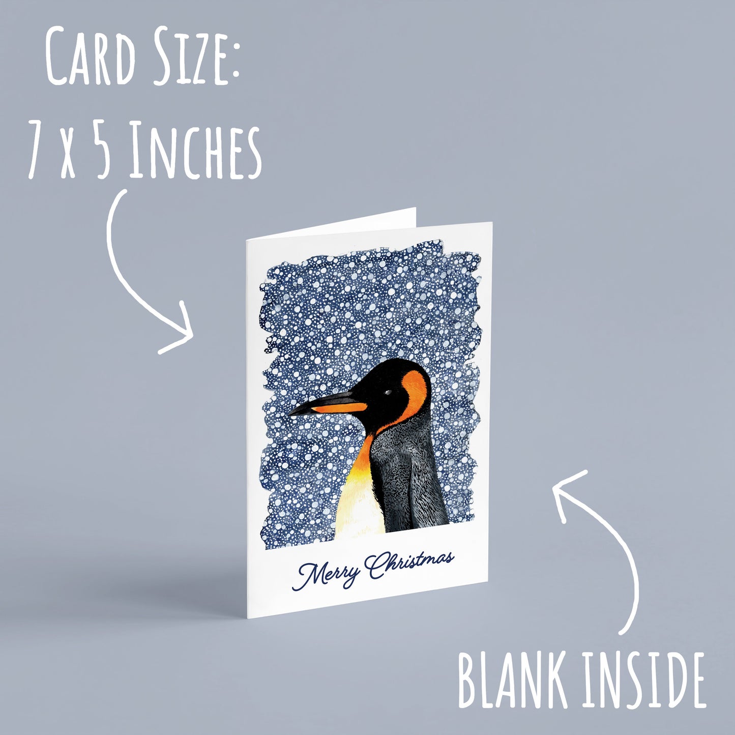One of the Winter Animal Christmas Cards standing up right on a pale blue background with the text, card size: 7 x 5 inches & blank inside.