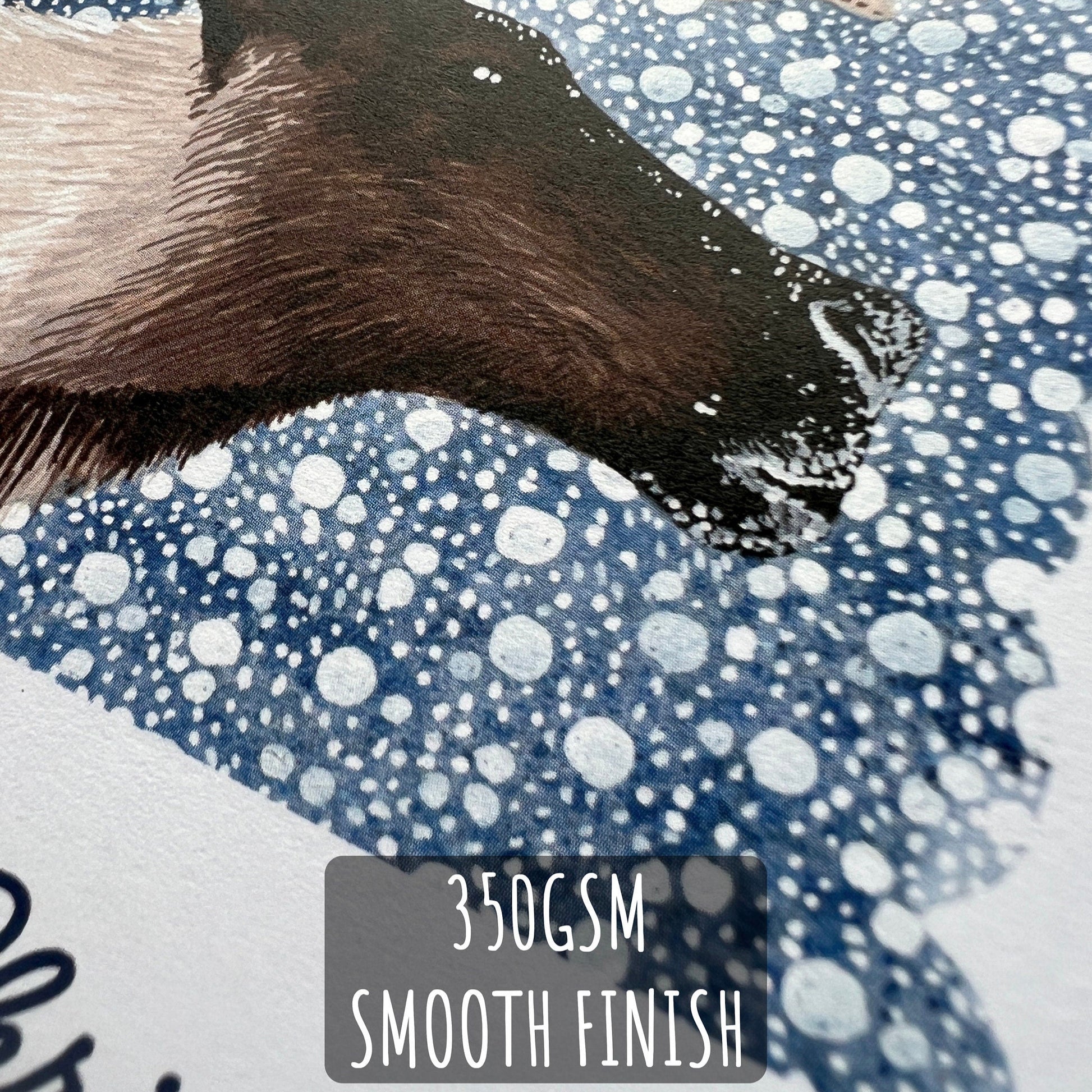 Winter Reindeer Christmas Card close up showing the details and textures of the illustration and paper stocker. With text 350gsm smooth finish.