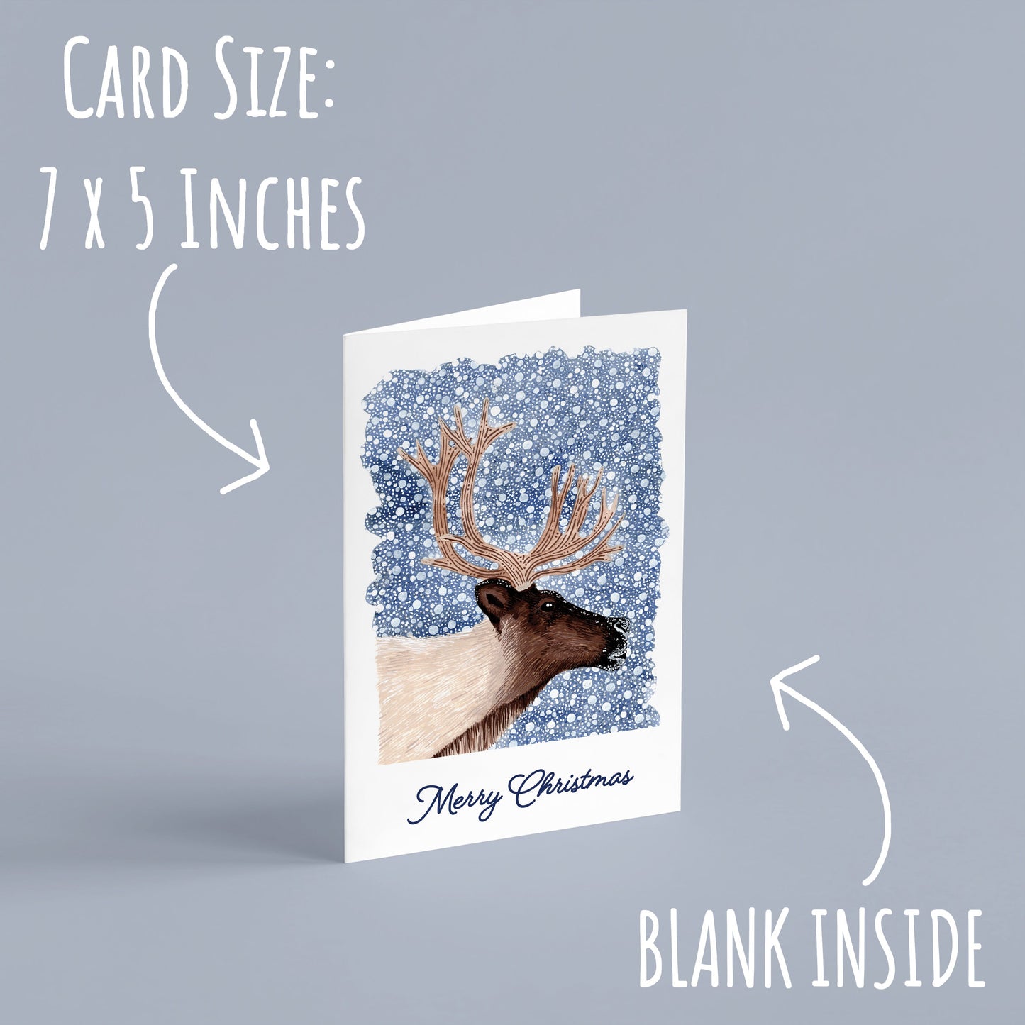 Winter Reindeer Christmas Card standing with a pale blue background with the text, card size: 7 x 5 inches and blank inside.