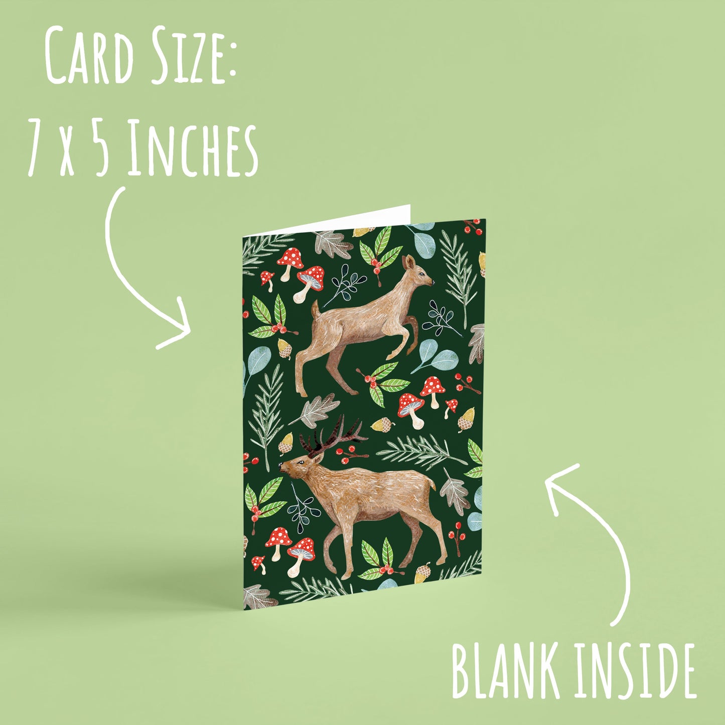 One of the Woodland Animal Christmas cards standing with a pale green background. With the text: card size: 7 x 5 inches and blank inside.