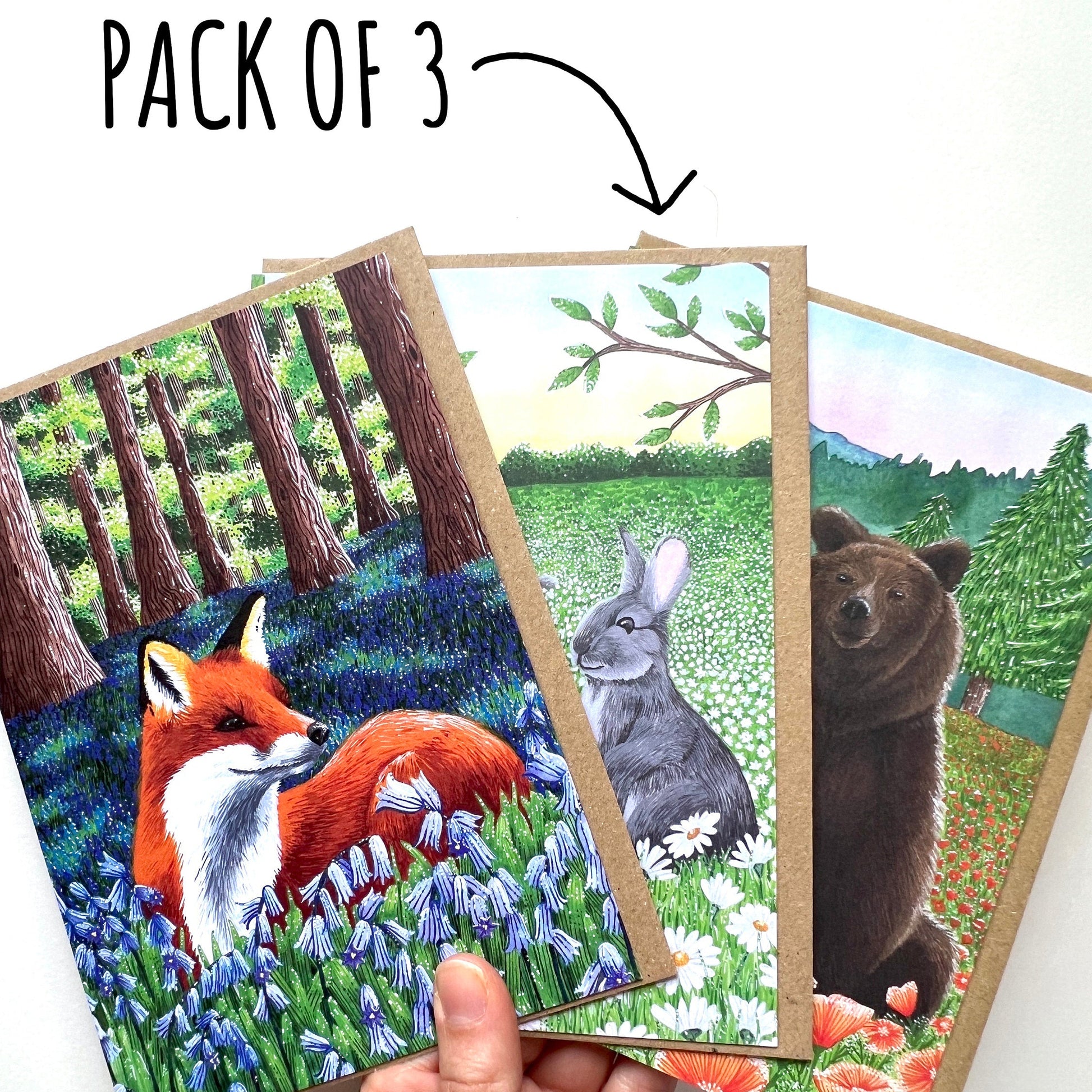 Pack of three nature-themed greeting cards featuring a fox, rabbit, and bear.