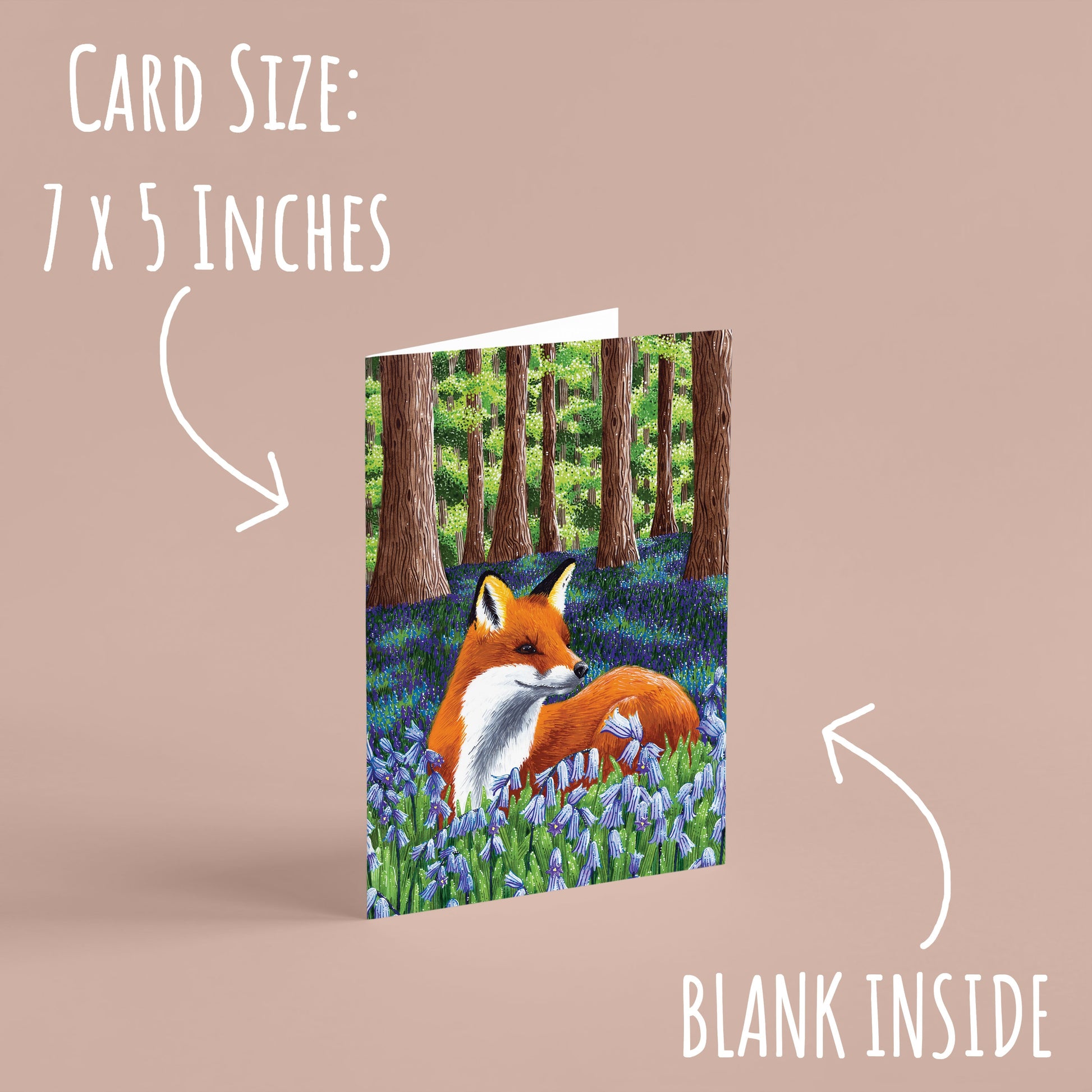 one of the Woodland Animal Greeting Cards standing up right with a pale orange background. with the text card size: 7 x 5 inches and blank card.