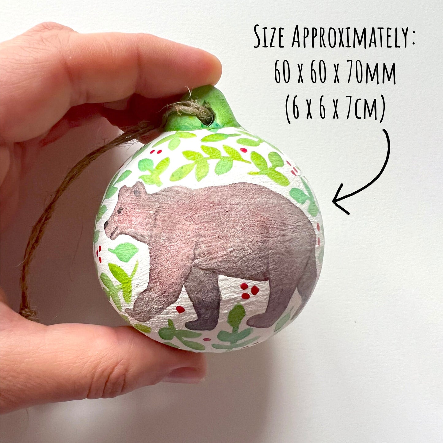 showing the bear of the Woodland Animals Ceramic Baubles, on a white background with the text size approximately 60 x 60 x 70mm.