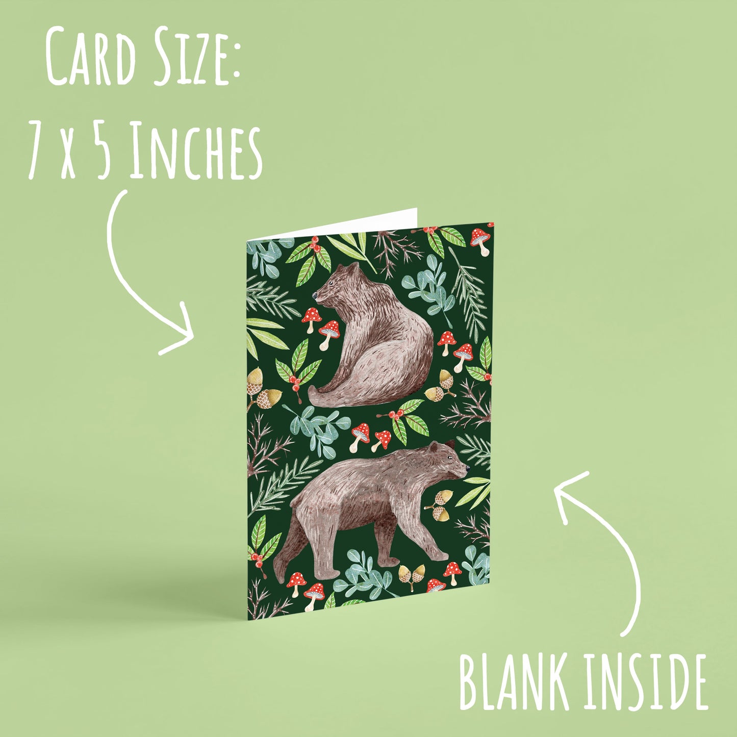 Woodland Bear Christmas Card standing up with a pale green background with the font card size: 7 x 5 inches & blank inside.