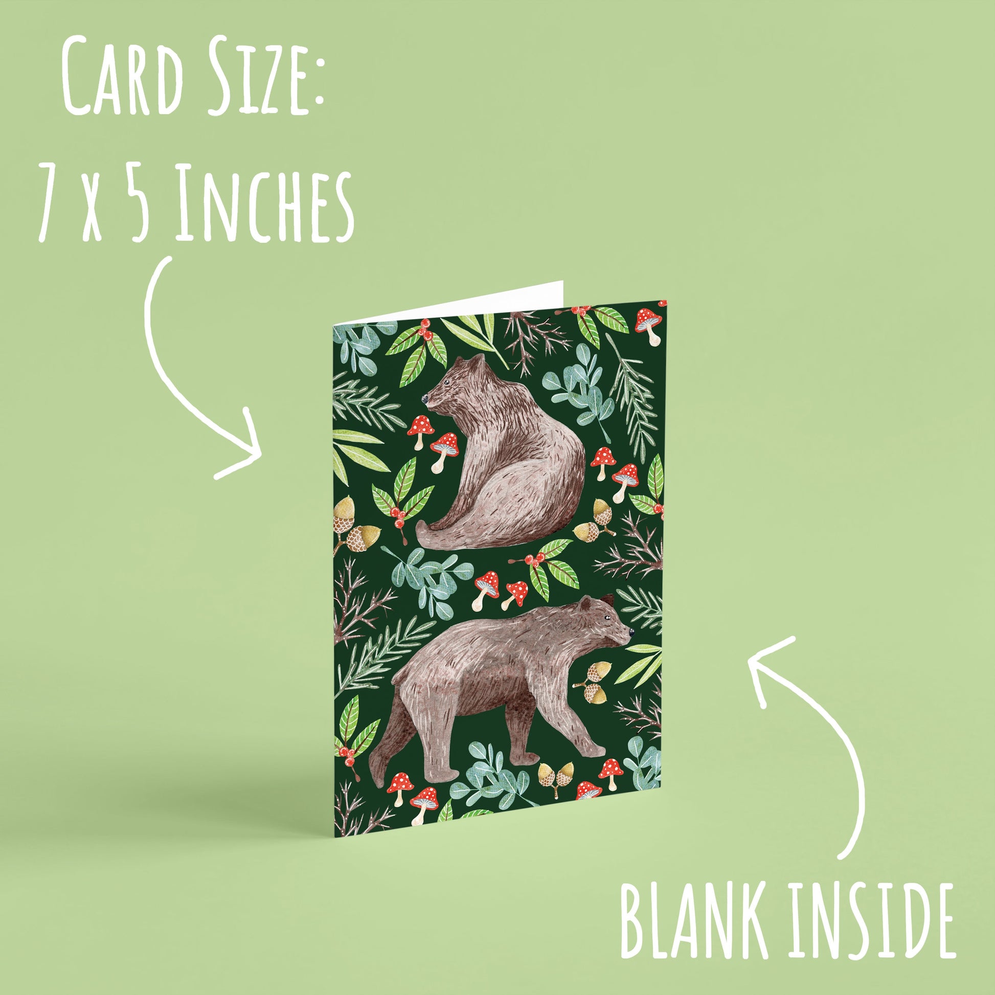 Woodland Bear Christmas Card standing up with a pale green background with the font card size: 7 x 5 inches & blank inside.