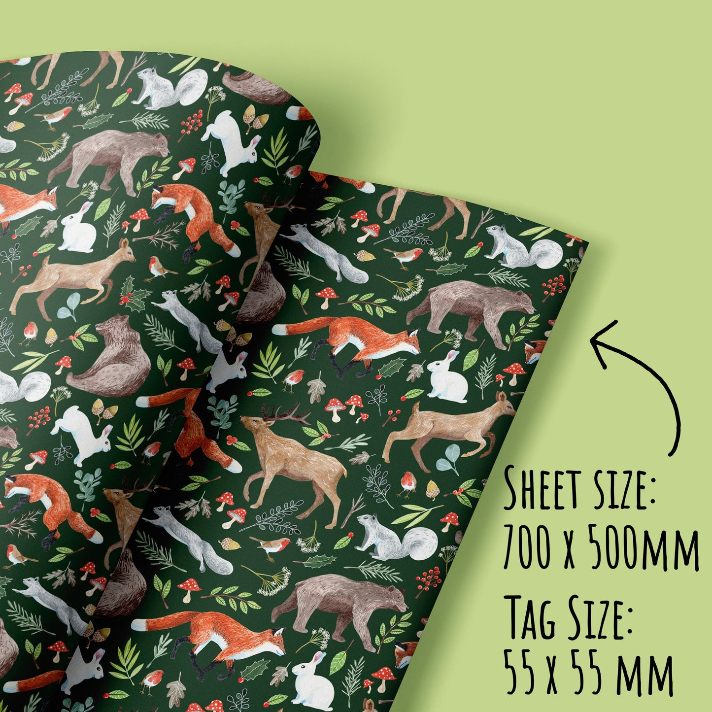 show the size of the paper sheets and tags for the Woodland Christmas Wrapping Paper. sheet size: 700 x 500mm tag size 55 x55mm.