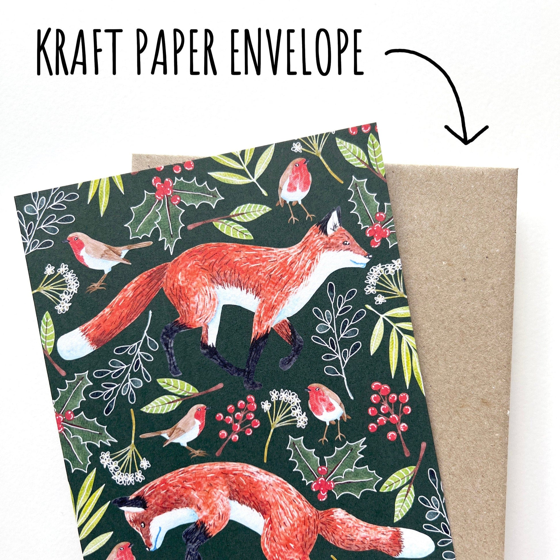 Woodland Fox Christmas Card with a kraft paper envelope with the text kraft paper envelope.