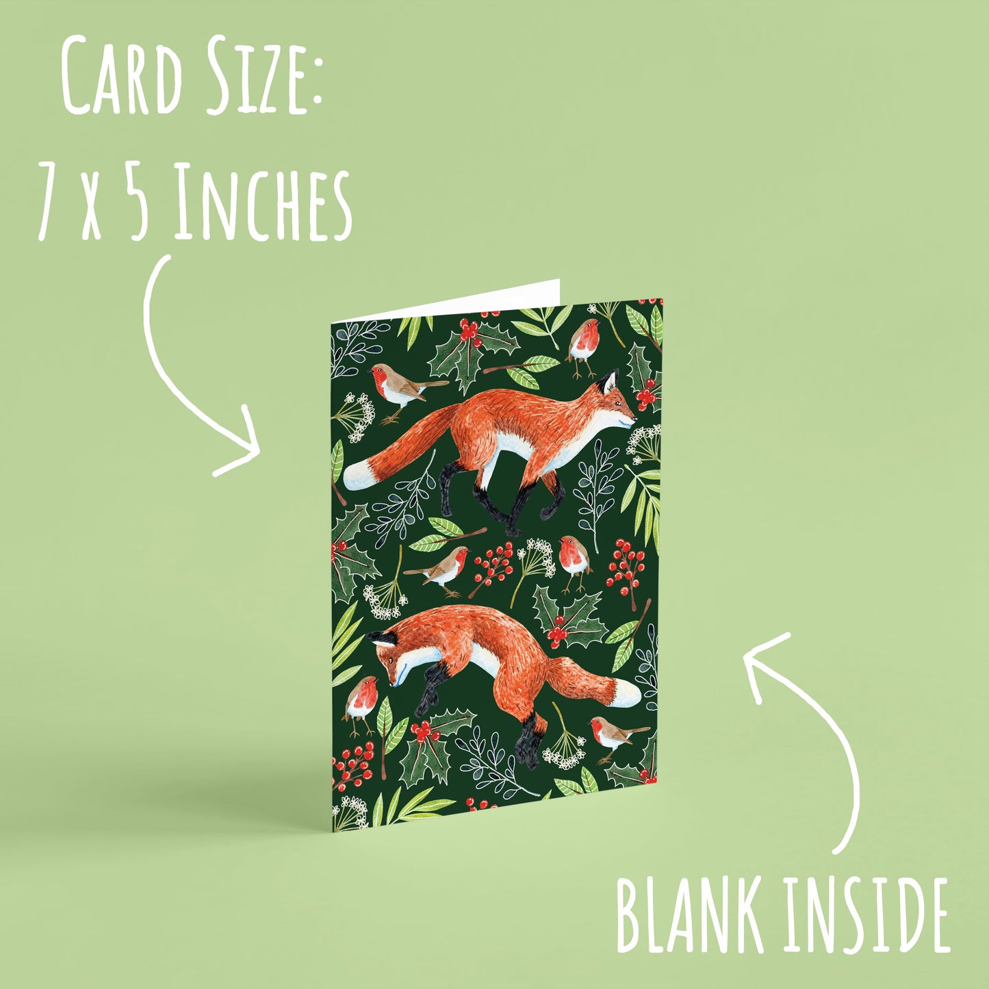 Woodland Fox Christmas Card standing on a pale green background with the text card size: 7 x 5 inches & blank inside.