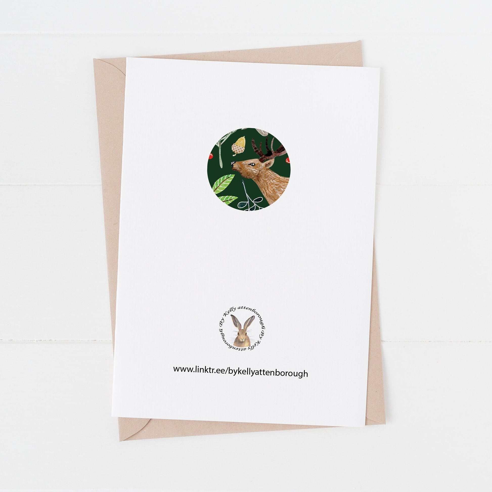 showing the back on the Woodland Stag and Doe Deer Christmas Card on a white background.