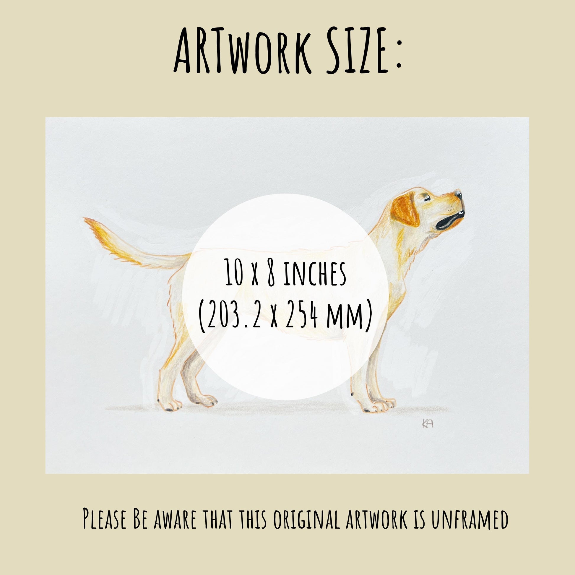 showing the size of the yellow Labrador artwork 10 x 8 inches
