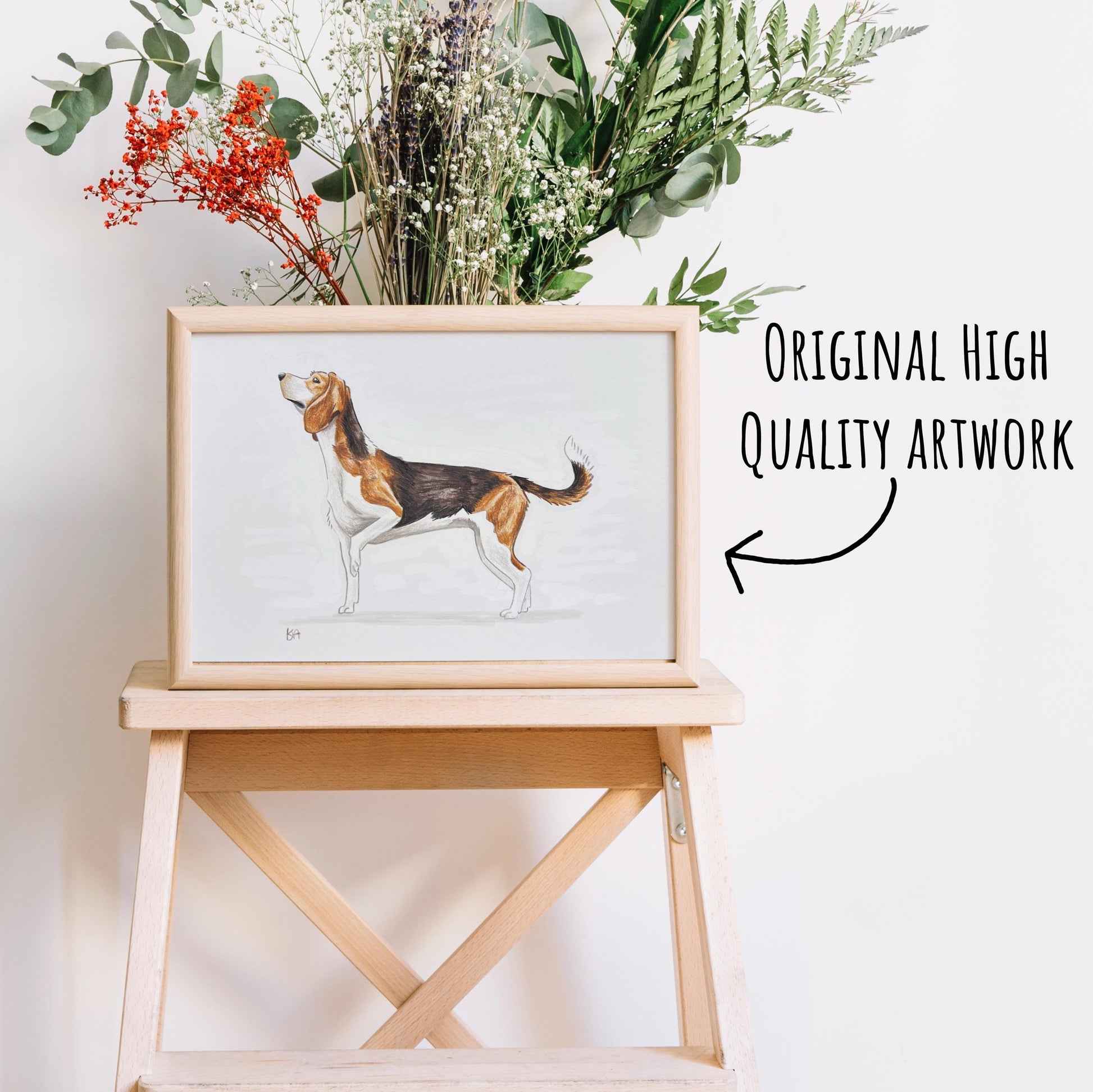 Beagle dog portrait in mixed media on white background shown what it would look like in a  frame