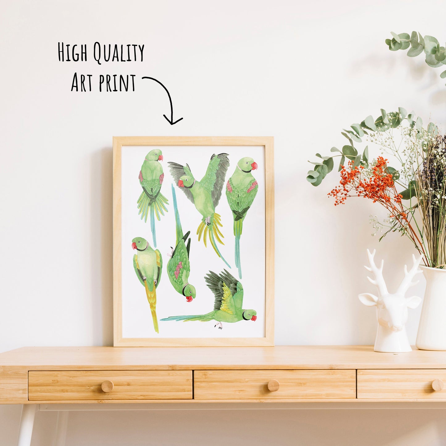 Green Indian Ringneck Parakeet Art Print - Unframed A4 Exotic Bird Illustration