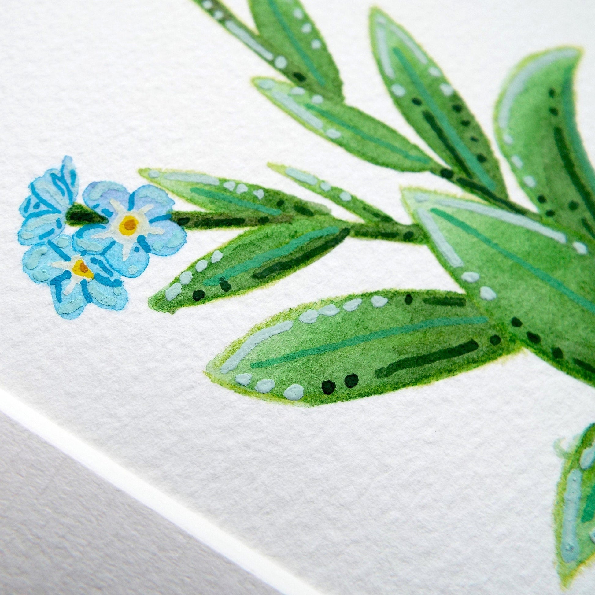 Close up of a for get me not flower painting showing the details and textures.