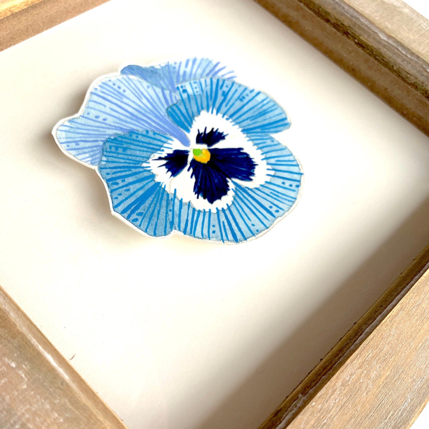 Blue and white pansy flower painting on a smooth white paper with a wooden frame.