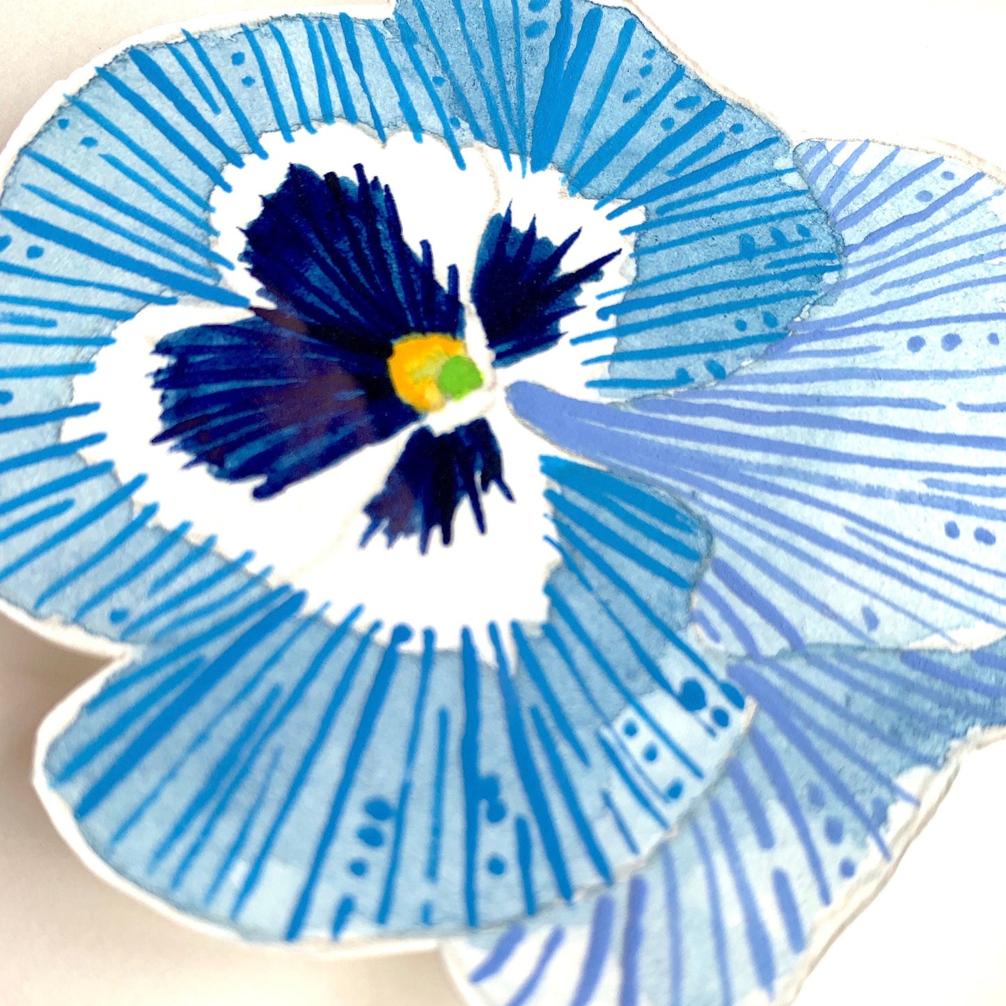 showing a close up of a light blue and white pansy flower painted in watercolour and gouache