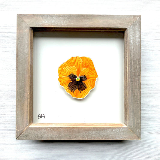 Hand painted orange and black pansy flower illustration in a rustic washed effect frame.