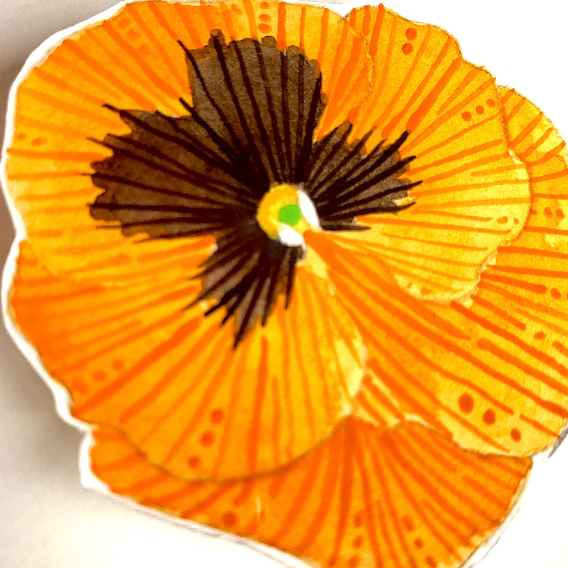 Orange and black pansy flower painting close up.