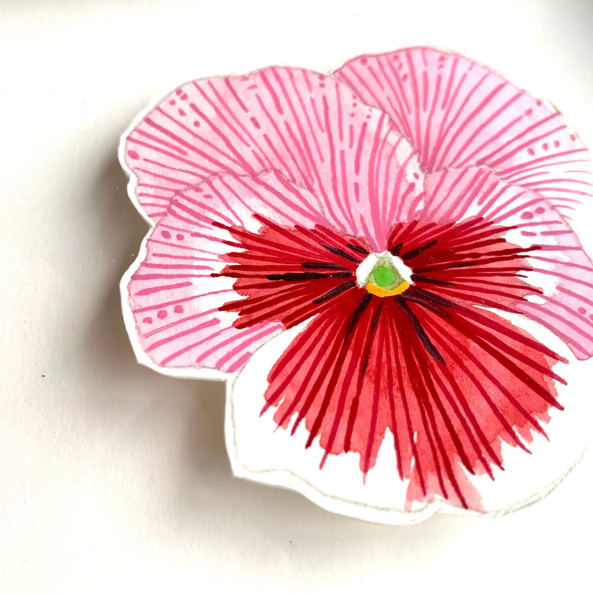 A pink, red and white pansy flower painting close up showing the line details and texture of the illustration