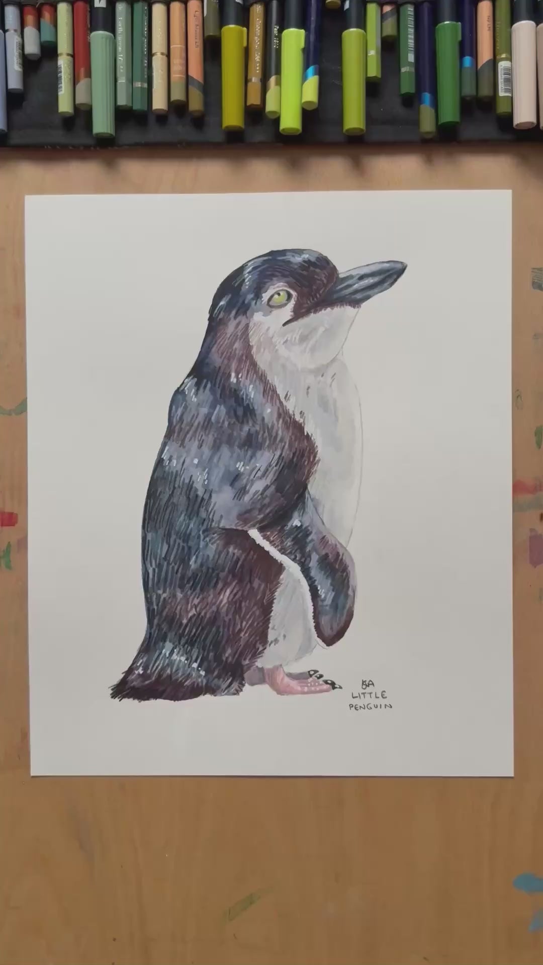 A video zooming in on to the Little Penguin artwork, showing the details and textures of the illustration and paper stock.