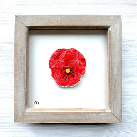 Hand painted red pansy flower watercolour in a rustic washed effect box frame.