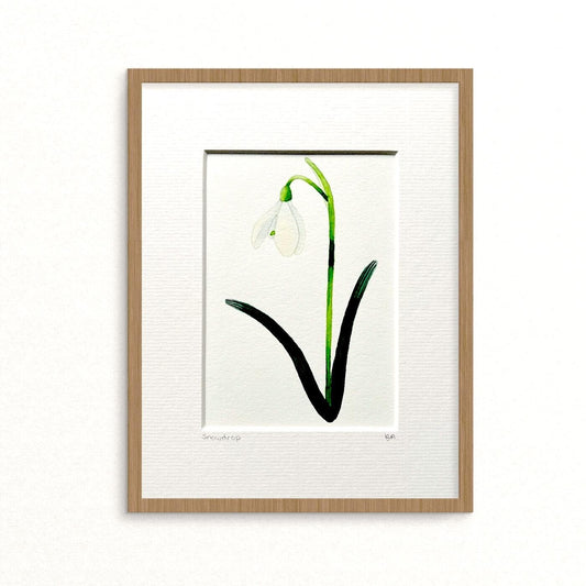 Original watercolour painting of snowdrop flowers painted in watercolours on white background shown in a wooden frame (frame not included)