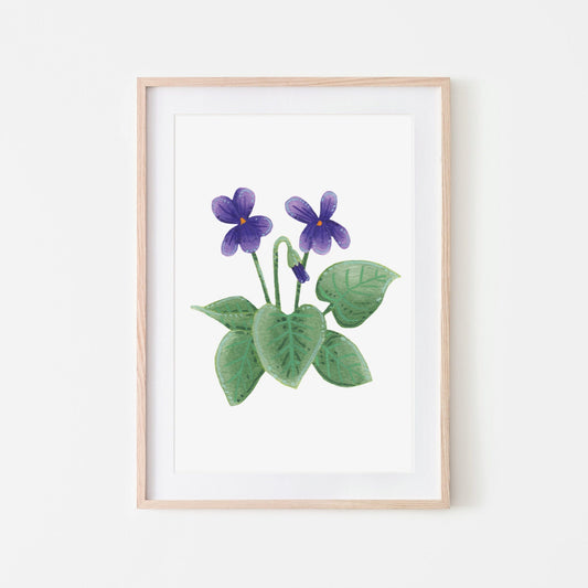 Delicate violet flower painting artwork with leaves on textured paper with a picture mount and frame (frame not included in purchase)