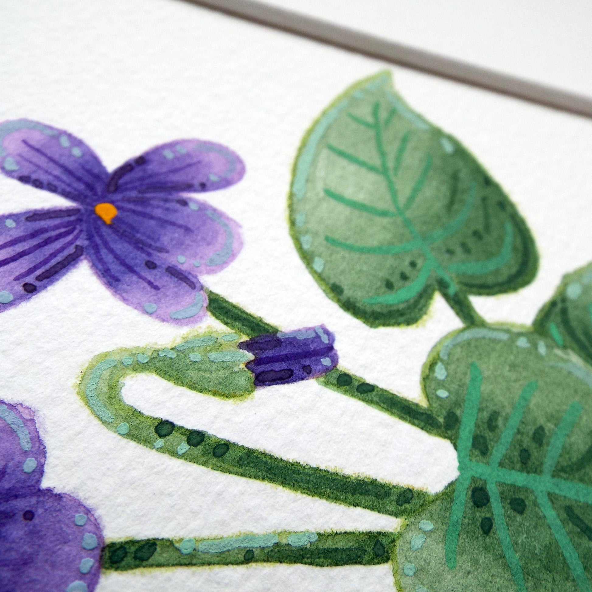 Illustration of purple flowers and green leaves on a white background close up. showing the details and textures of the painting.