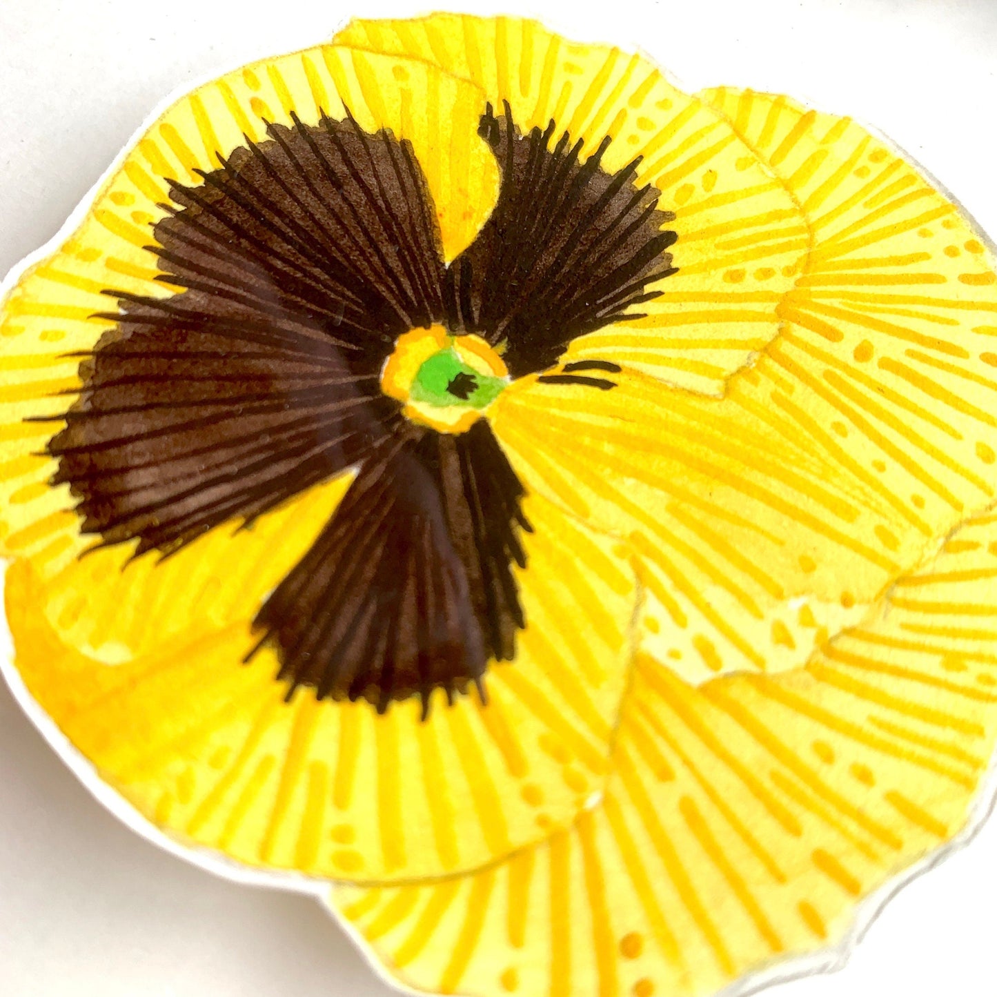 Hand painted yellow pansy flower with a balck centre close up showing the details 