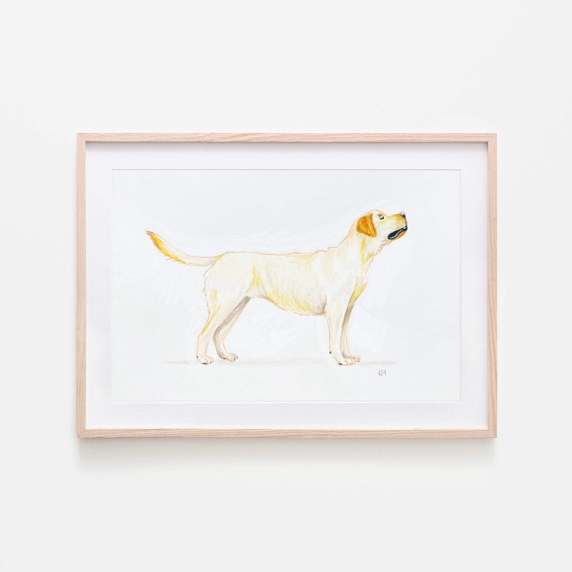 Original artwork of a yellow Labrador retriever in standing pose created using mixed media art materials. unframed